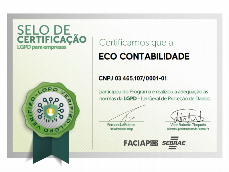 Eco Contabilidade conquistou o Selo de Certificação LGPD para Empresas.
